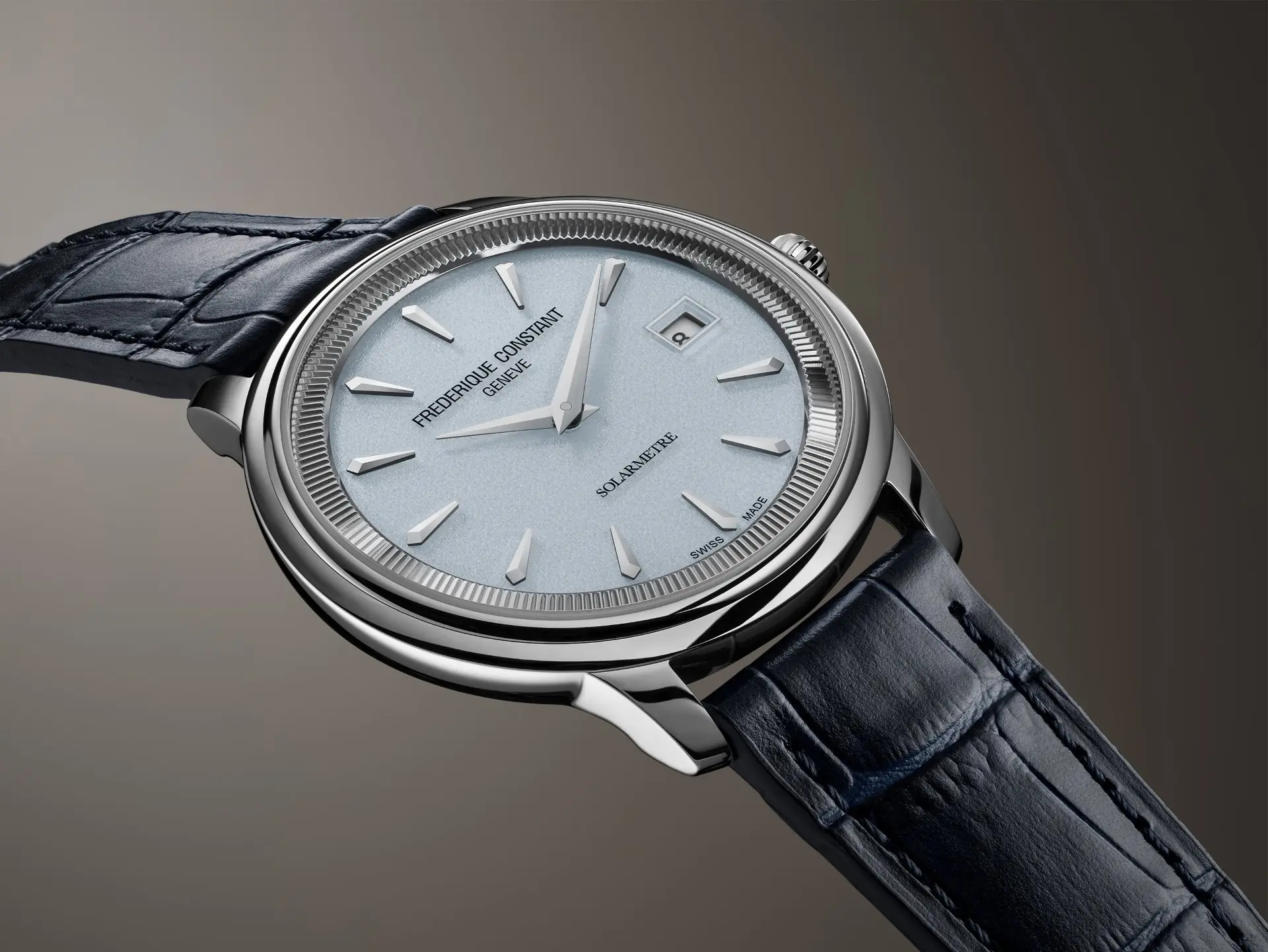 Frederique Constant Classics Moneta Solarmetre — ice blue detail, coin-edge bezel