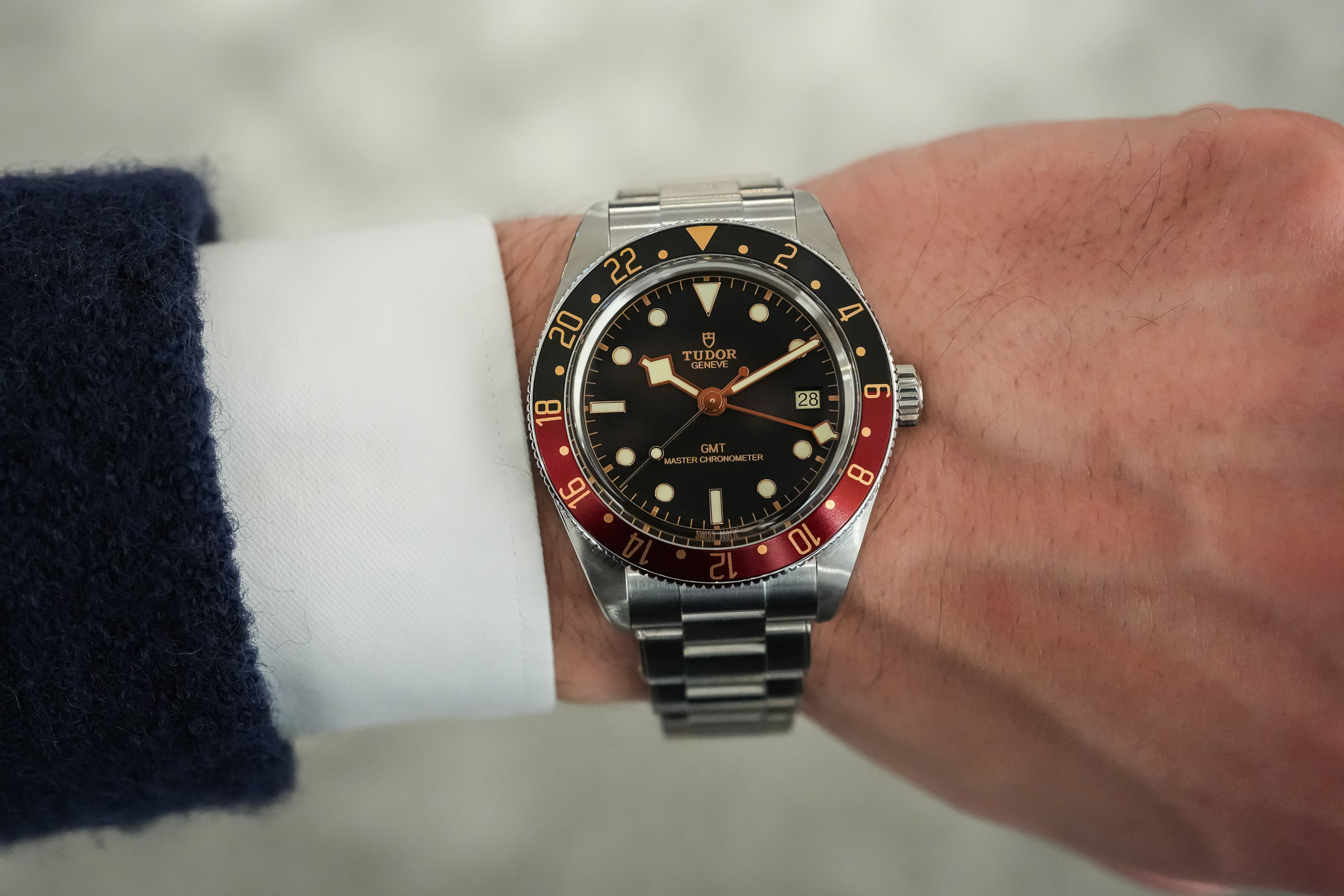 Tudor Black Bay 58 GMT — front view, black and burgundy bezel