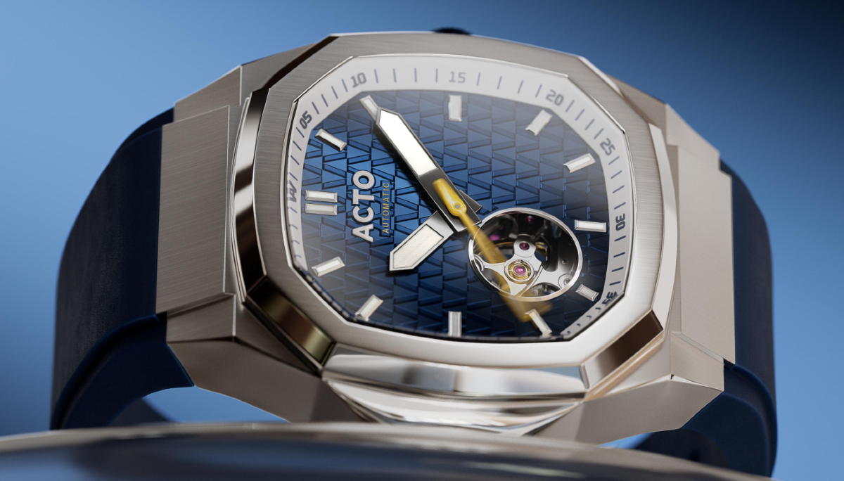 ACTO automatic with an open-heart blue textured dial and octagonal integrated case, assembled in Manaus, Brazil