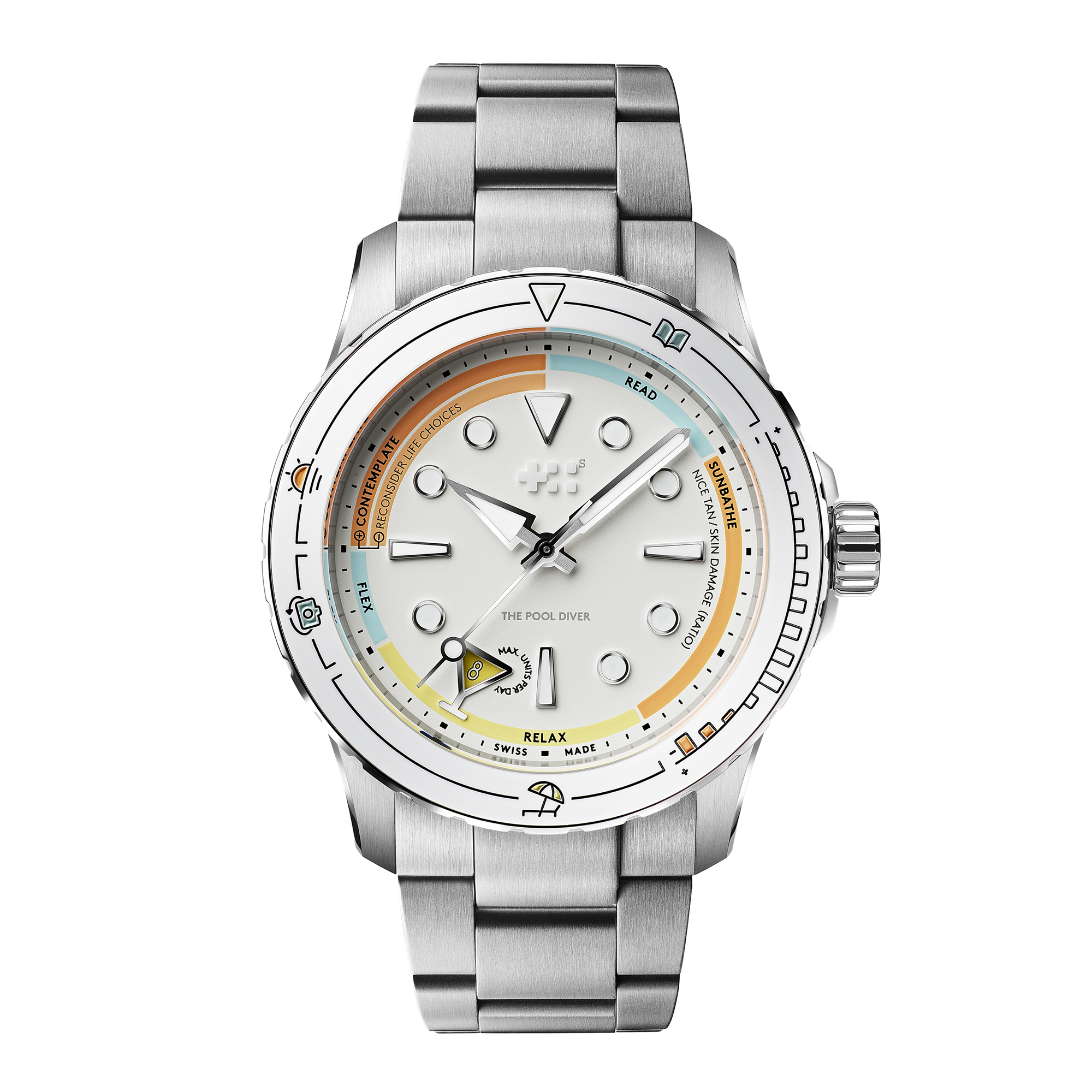 Christopher Ward x seconde/seconde/ C60 Pool Diver — white sandblasted dial divided into five coloured activity zones