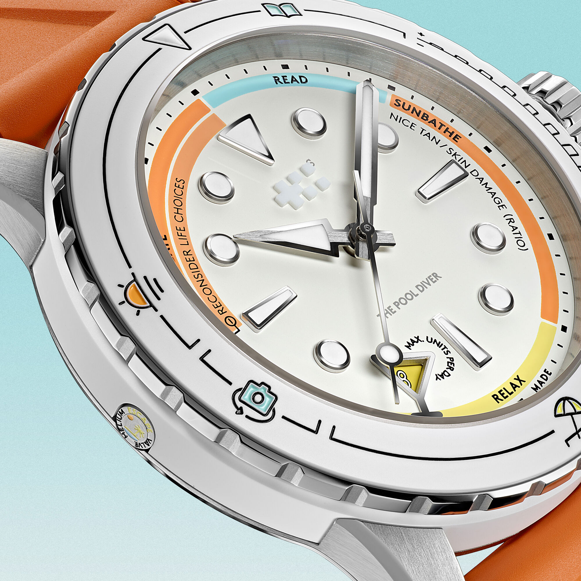 C60 Pool Diver dial detail — martini-glass "MAX UNITS PER DAY" aperture and the READ / SUNBATHE / RELAX / FLEX / CONTEMPLATE zones