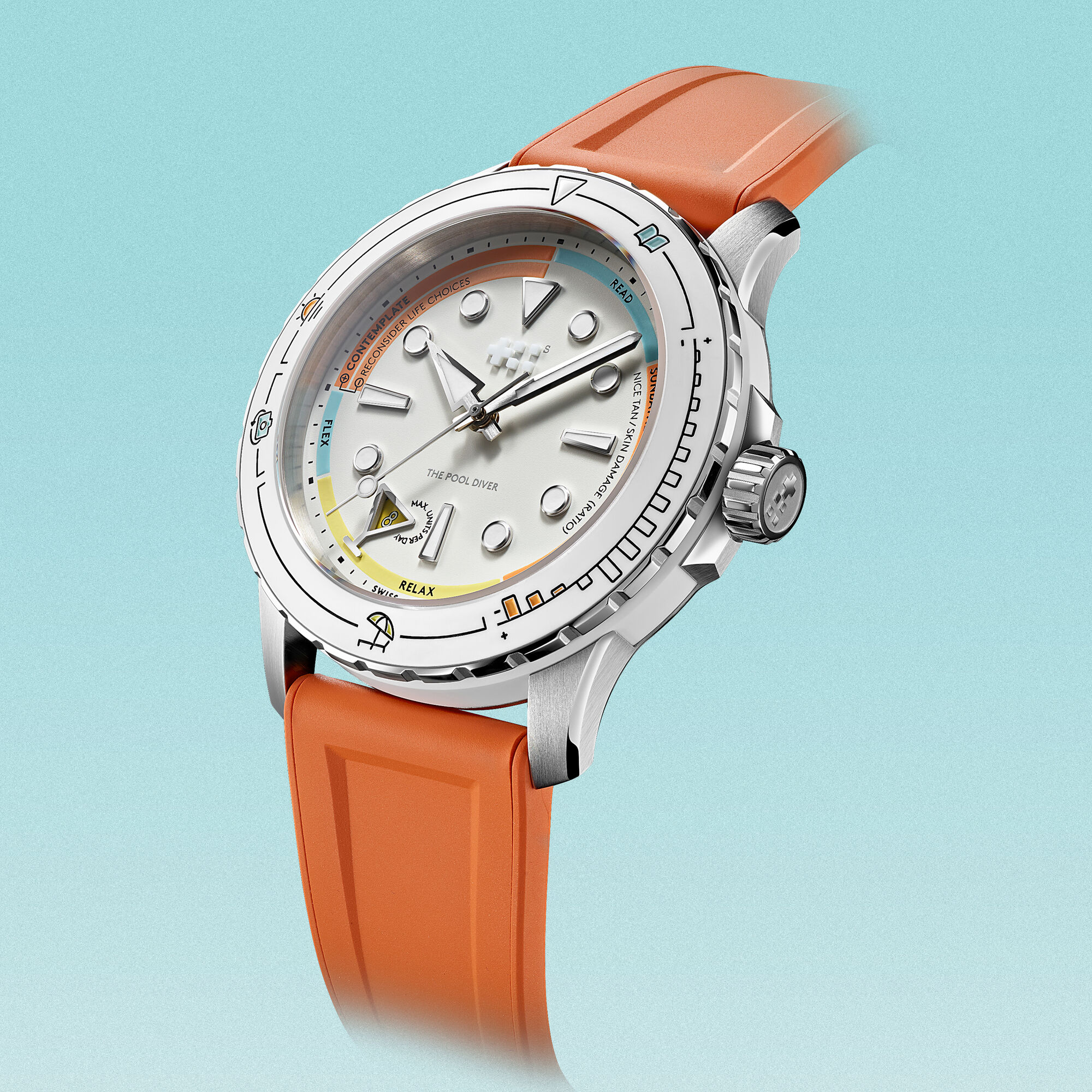C60 Pool Diver caseback — reworked seconde/seconde/ pictogram with flip-flops, sun cream and a mocktail